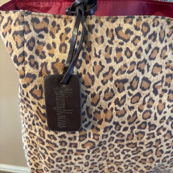 Neiman Marcus Tote Microfiber Suede Tan Brown Leopard Print Brown Handles Red - Picture 7 of 16